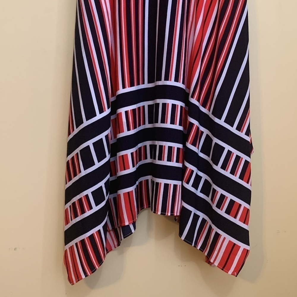 Karl Lagerfeld | Red White Blue Striped Sleeveless Handkerchief Hem Midi Dress 0 - Picture 6 of 17